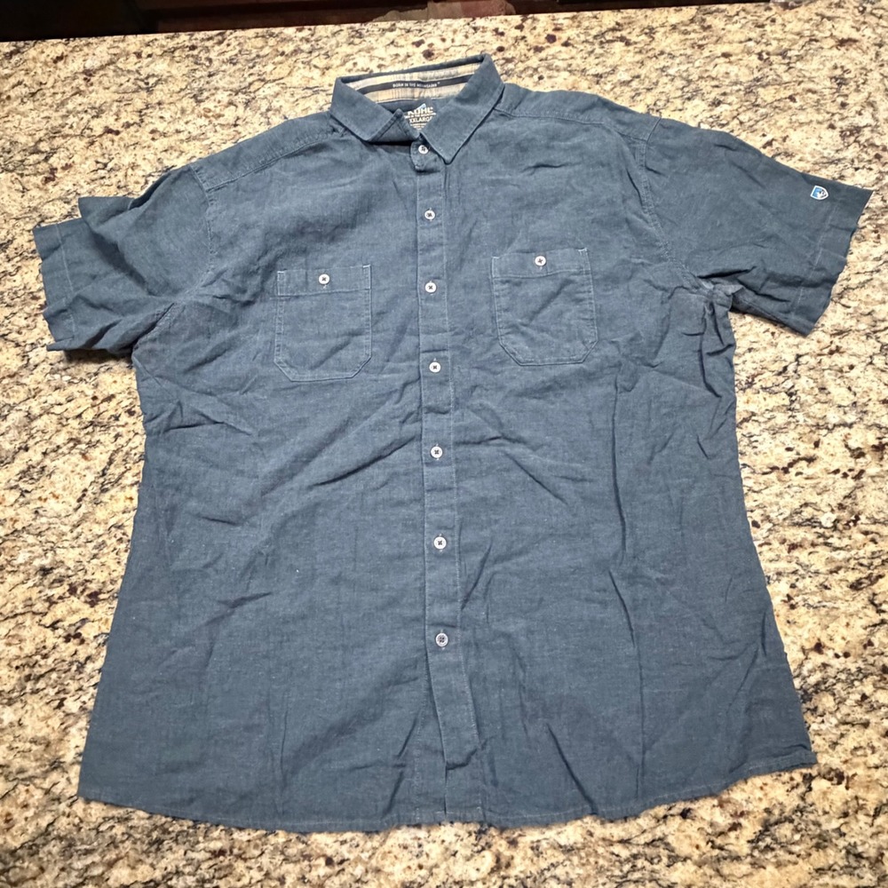 Kuhl Mens XXL Blue Short Sleeve Linen Cotton Blend Button Down Trail Shirt ws